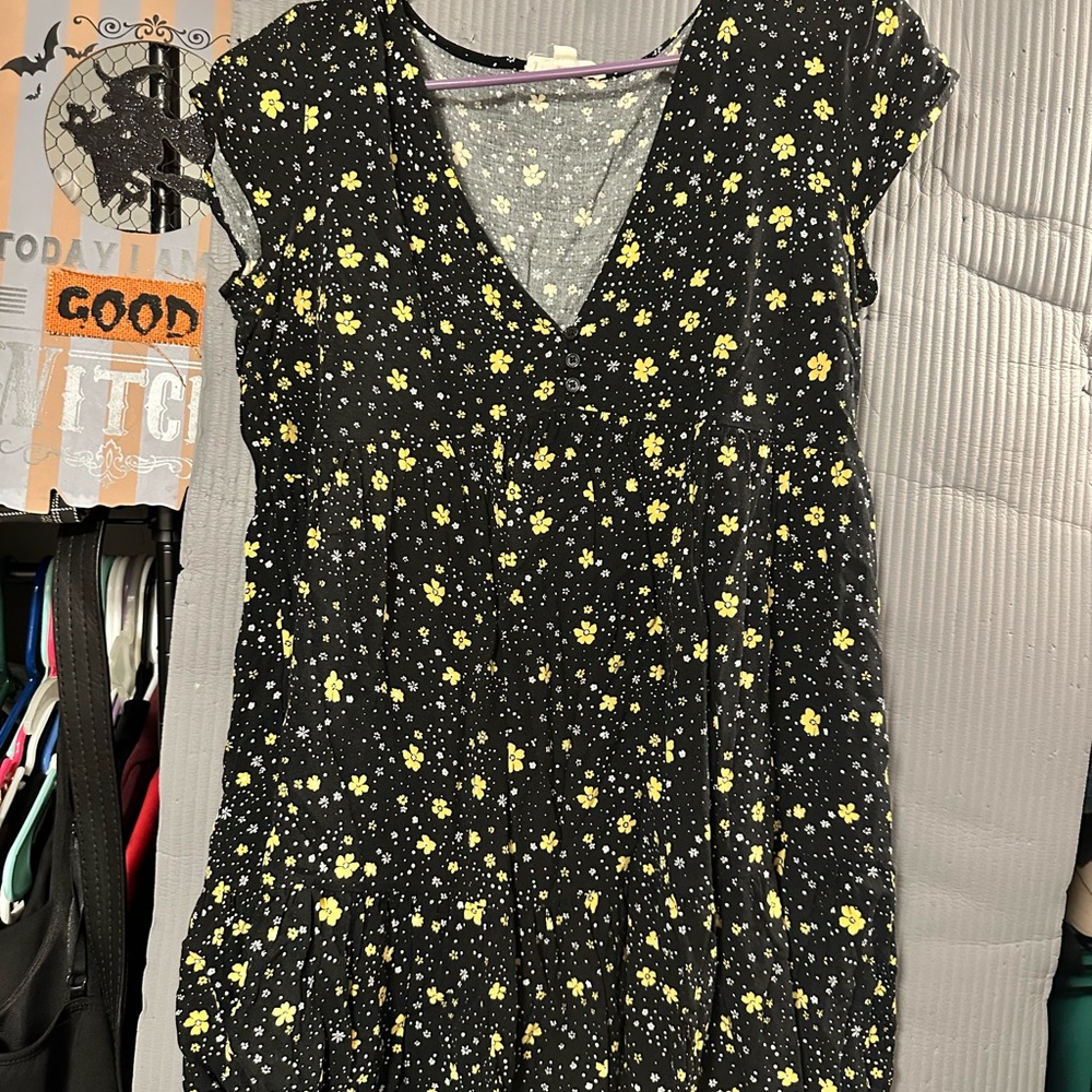 La Hearts Black Dress with Yellow Floral Pattern